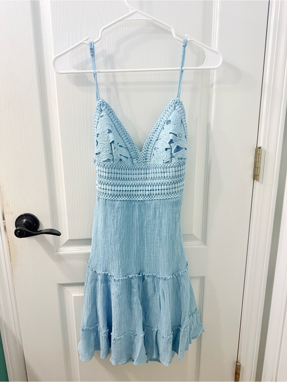 Love Tree Light Blue Crochet Lace Tiered Mini Dress S